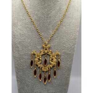 Vintage Gold Tone Red Glass Dangle Pendant Necklace Ornate Chandelier